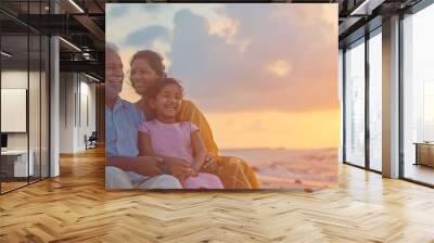 Happy senior indian couple with beautiful young daughter enjoying vacation at beach Copy space : Generative AI Wall mural