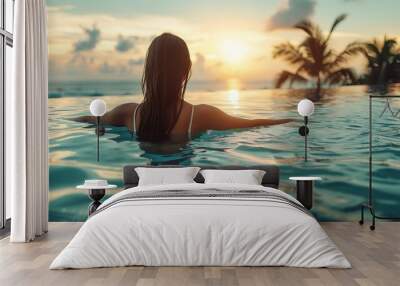 Happy woman in white swimsuit swimming in infinity pool at luxury hotel against ocean front young female enjoy in tropical resort Relaxing summer  travel holiday vacation and weekend c : Generative AI Wall mural