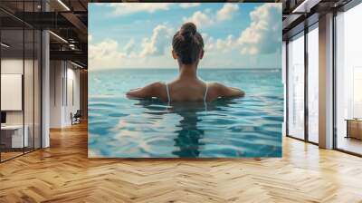 Happy woman in white swimsuit swimming in infinity pool at luxury hotel against ocean front young female enjoy in tropical resort Relaxing summer  travel holiday vacation and weekend c : Generative AI Wall mural