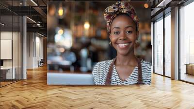 Happy woman portrait and cafe with laptop for small business management or startup Female person owner or entrepreneur with smile on computer for online service or connectivity at coff : Generative AI Wall mural