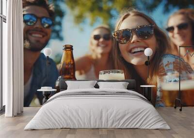 Happy young friends having picnic in the park Group of young people having fun while drinking beer enjoy sunny day Vacation weekend friendship or holiday concept : Generative AI Wall mural