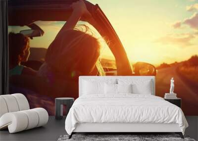 Hatchback Car travel driving road trip of family summer vacation in car at sunsetGirls happy traveling enjoy holidays and relaxation together get the atmosphere and go to destination : Generative AI Wall mural