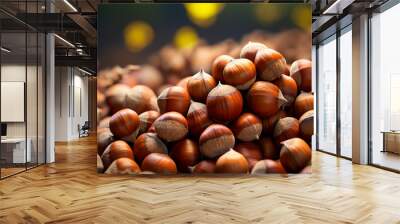 hazelnuts in wooden bowl on the table.generative ai Wall mural