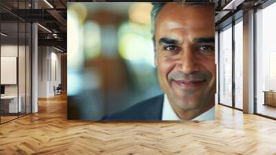 Headshot close up portrait of indian or latin confident mature good looking middle age leader ceo male businessman on blur office background Handsome hispanic senior business man smili : Generative AI Wall mural