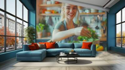 Healthy Food To Boost Your Immune System Beautiful smiling young woman cooking fresh organic salad at home in modern kitchen reaching for vegetables copy space Diet Food And Lifestyle  : Generative AI Wall mural