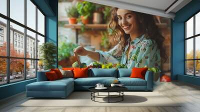 Healthy Food To Boost Your Immune System Beautiful smiling young woman cooking fresh organic salad at home in modern kitchen reaching for vegetables copy space Diet Food And Lifestyle  : Generative AI Wall mural