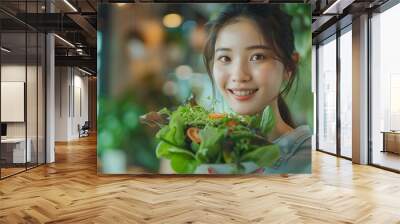 Healthy lifestyle Close up beautiful young asian woman eating salad smiling happy Healthy eating Food and lifestyle Health Beauty Dieting concept : Generative AI Wall mural