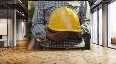 Helmet construction Engineer team Men hands holding hardhat yellow work helmet in Civil Construction Engineering Close up engineer man hold safety yellow worker helmet hard hat at Cons : Generative AI Wall mural