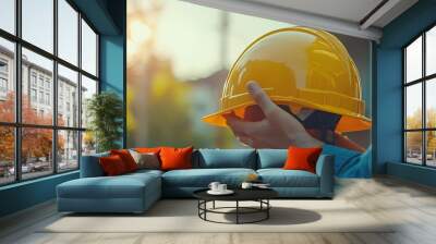 Helmet construction Engineer team Men hands holding hardhat yellow work helmet in Civil Construction Engineering Close up engineer man hold safety yellow worker helmet hard hat at Cons : Generative AI Wall mural