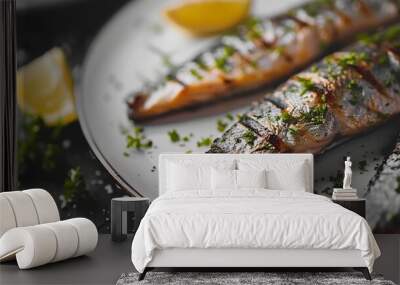 herring salmon fish eat food plate dinner lunch restaurant homemade dish black white elegant gourmet table top view grill seafood meal : Generative AI Wall mural