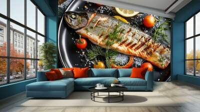 herring salmon fish eat food plate dinner lunch restaurant homemade dish black white elegant gourmet table top view grill seafood meal : Generative AI Wall mural