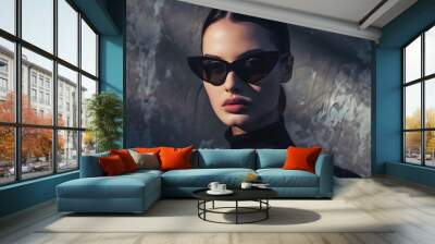 high fashion portrait of young elegant woman outdoor Grey oat cat eye sunglasses grey wall background : Generative AI Wall mural