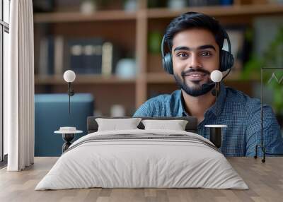 Hindu business man wearing headset freelance worker call center or support service operator helpline talking with client or colleague communication support Guy sitting at home office d : Generative AI Wall mural