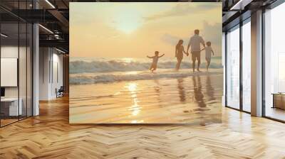 Holiday travel concept Summer vacations Happy family are having fun on a tropical beach in sunset Father and mother and children playing together outdoor on sea : Generative AI Wall mural