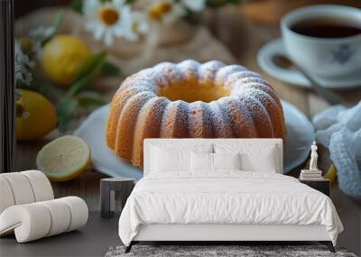 Homemade lemon cake in the form of a ring soaked with lemon syrup and cup of tea or coffee on white wooden table Front view : Generative AI Wall mural