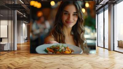 Horizontal image of male hand serving plate of vegetarian dinner in restaurant to a beautiful young woman : Generative AI Wall mural