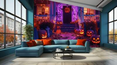 Illuminated Halloween house outdoor decorations with orange and purple garlands witch silhouette pumpkins and grave stones near the house porch : Generative AI Wall mural