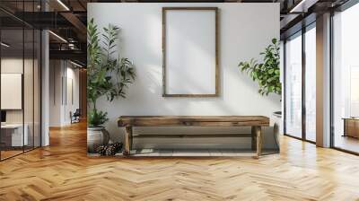 Interior composition in living room rustic wood bench green plant in pots ceramic vase pine cones statuette and picture in frame with blank space hanging on white wall Scandinavian des : Generative AI Wall mural