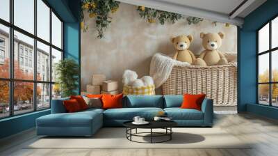 Interior design of kids room interior with wicker basket yellow plaid plush animal toys wooden blockers white garland beige wall with stucco and personal accessories Home decor Templat : Generative AI Wall mural