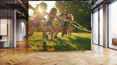 Kids play tug of war in sunny park Summer outdoor fun activity Group of mixed race children pull rope in school sports day Healthy outdoor game for little boy and girl : Generative AI Wall mural