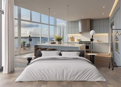 Kitchen interior of a waterfront condo light grey cabinets white granite countertop stove and range hood sink hardwood floor view to ocean through floor to ceiling windows butler pantr : Generative AI Wall mural