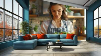 Latino attractive woman wear apron cook green salad in kitchen at home Young beautiful girl feeling happy and enjoy eating vegetables healthy foods to diet and lose weight for health c : Generative AI Wall mural