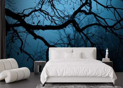 Leafless Oak tree branches silhouette Black and blue Natural oak tree branches silhouette on a blue background Silhouettes of a dark gloomy forest with textured trees Gothic background : Generative AI Wall mural