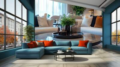 Living room lounge area in luxury apartment show home showing interior design decor furnishing with coffee table : Generative AI Wall mural