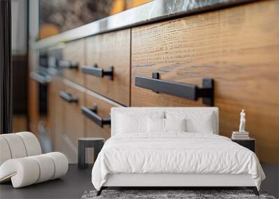 Lower kitchen cabinets with wood trim closeup with black metal handles Interior of the corner kitchen Marble backsplash : Generative AI Wall mural