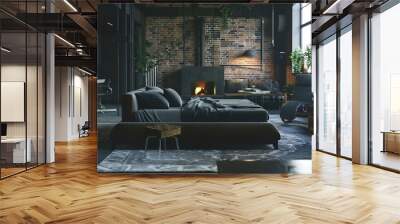 luxury studio apartment with a free layout in a loft style in dark colors Stylish modern kitchen area with an island cozy bedroom area with fireplace and personal gym : Generative AI Wall mural