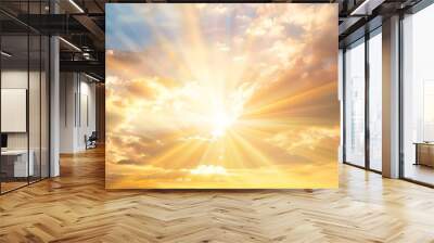 majestic morning colorful sunlight brush in air heavenly light reflected on fluffy clouds in golden time bright sun beams rays over panoramic view in summer gorgeous season freedom n p : Generative AI Wall mural