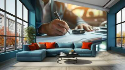 Man signing car insurance document or lease paper. Writing signature on contract or agreement. Buying or selling new or used vehicle. Car keys on table. Warranty or guarantee. Customer : Generative AI Wall mural