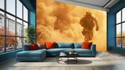 Man soldier and run in explosion with battle smoke or fire in overlay for copy space Person veteran and walking in war with enemy in freedom defence or security for country with armed  : Generative AI Wall mural