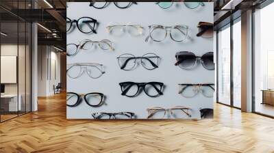 Many different stylish glasses on light grey background flat lay : Generative AI Wall mural