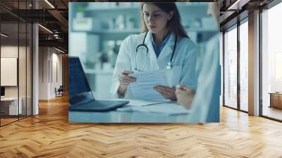 Medicine and healthcare concept doctor and patient discussing current health examination while sitting in clinic Medical care insurance prescription paper work annual physical examinat : Generative AI Wall mural