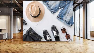 Mens casual outfit Mens fashion clothing and accessories on white background flat lay top view : Generative AI Wall mural