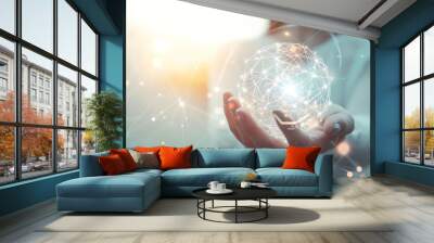 Metaverse Virtual Technology.Woman hand holding global network connection. Internet communication, Wireless connection technology. Futuristic technology with polygonal shapes. : Generative AI Wall mural