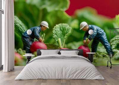 Miniature food macro photography with two worker picking and harvest a Horseradish bright studio light red background : Generative AI Wall mural