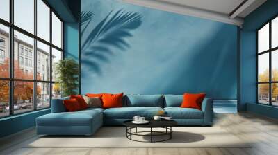 Minimal product placement background with palm shadow on blue plaster wall Luxury summer architecture interior aesthetic Boho home room for product platform stage mockup : Generative AI Wall mural