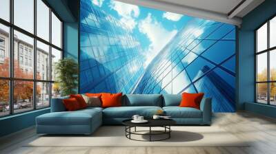 Modern abstract building city Sky glass business blue construction perspective urban exterior Architecture white office facade high wall geometric finance light Technology empty contem : Generative AI Wall mural