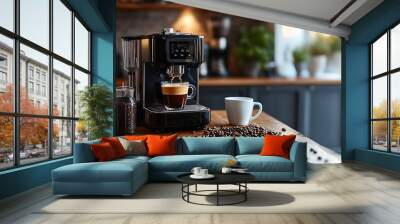 Modern coffee machine beans and cup of espresso on wooden table in kitchen : Generative AI Wall mural