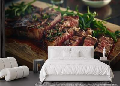 Modern style traditional barbecue dry aged wagyu porterhouse beef steak bistecca alla Fiorentina sliced and served as closeup on a wooden design board : Generative AI Wall mural