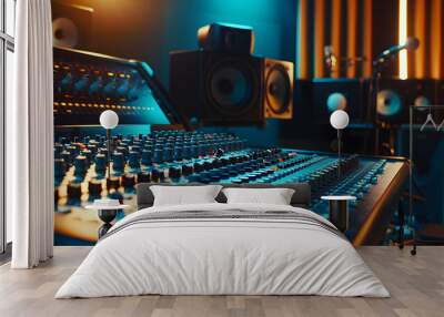 Music studio and technology with recording equipment in an empty room for the entertainment industry Interior creative and audio with musical electronics to produce record or control s : Generative AI Wall mural