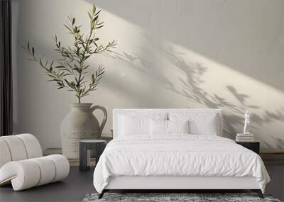 Neutral Mediterranean home design Textured vase with olive tree branches cup of coffee Books on wooden table Living room still life Empty wall copy space Modern interior no people Late : Generative AI Wall mural