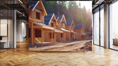 New home construction in a residential cottage community house shells waiting for roofing and siding : Generative AI Wall mural