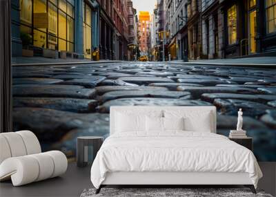 New York City old SoHo Downtown paving stone street with retail stores and luxury apartments : Generative AI Wall mural