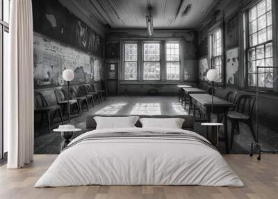 Old and abandoned school classroom interior in black and white : Generative AI Wall mural