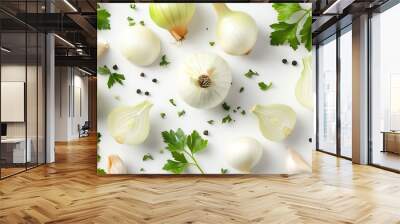 Onion bulbs and parsley composition and creative layout isolated on white background Healthy eating and dieting food concept Garden vegetable Design element Top view flat lay : Generative AI Wall mural