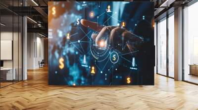 Online banking and digital money concept with man finger on virtual touch screen interface with central bank layout surrounded currency signs: dollar, euro, ruble and yen on abstract b : Generative AI Wall mural