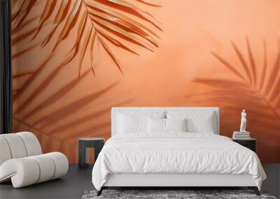 Orange and beige summer color background with tropical palm shadow Two trend pastel paper and exotic plant shade layout Minimal flat lay with leaf silhouette overlay : Generative AI Wall mural